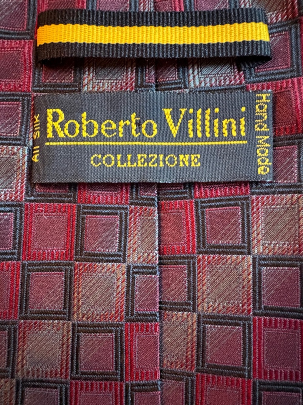 Roberto Villini Collezione Silk Tie Red Black Geometric Checkered Mens Necktie